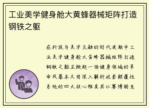 工业美学健身舱大黄蜂器械矩阵打造钢铁之躯
